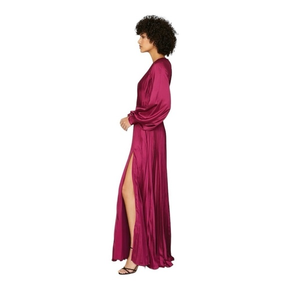 leena for Mac Duggal Pleated Long Sleeve Satin A-Line Gown in Berry NWT - Picture 6 of 11
